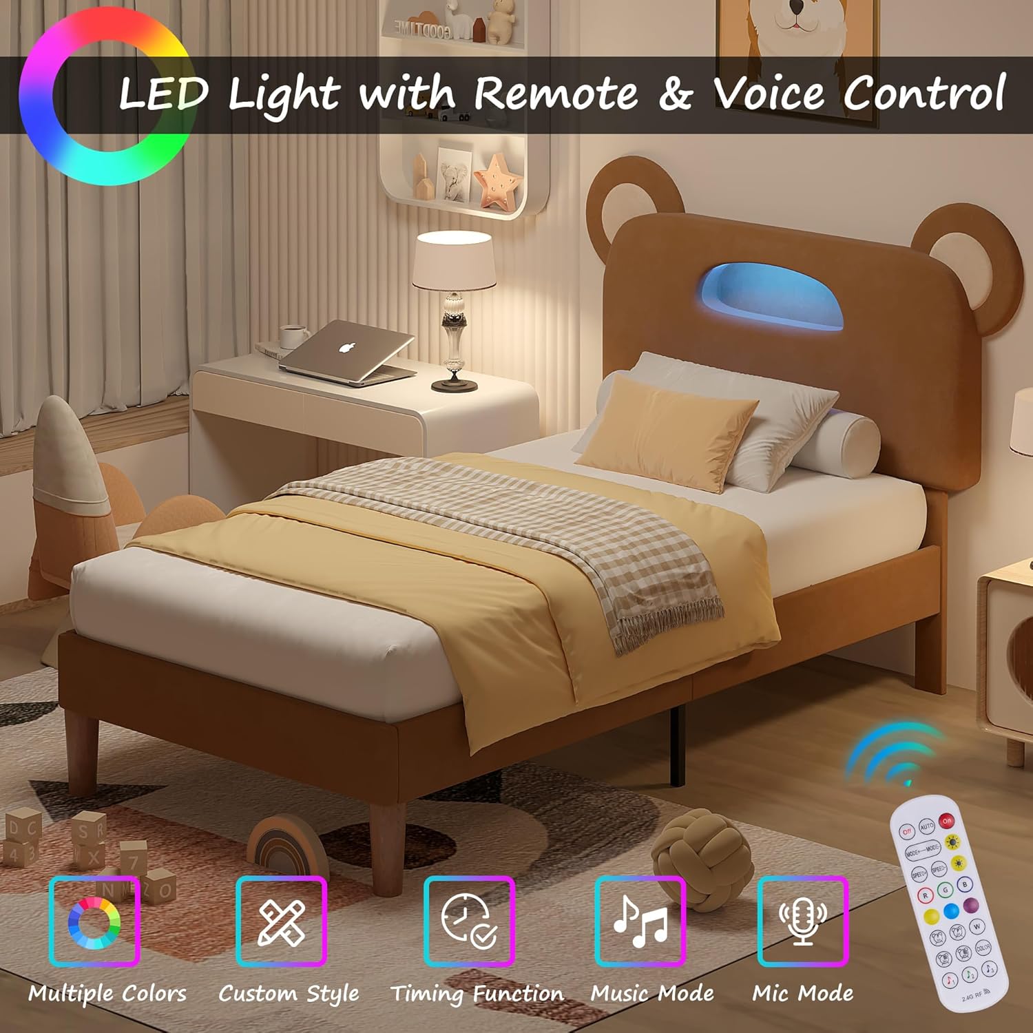 VECELO Twin Size Bed Frame with LED Light, Upholstered Platform Bedframe with Bear Adjustable Headboard