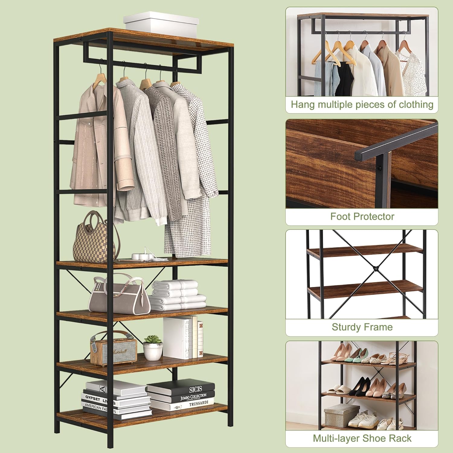 VECELO Coat, Entryway Hall Tree with 4-Tier Shoe Rack and Hanging Rod - VECELO