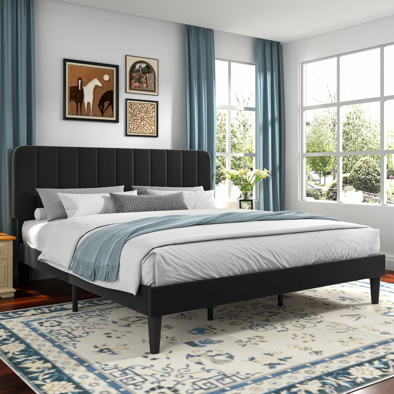 VECELO Upholstered Platform bedframe with Adjustable Headboard