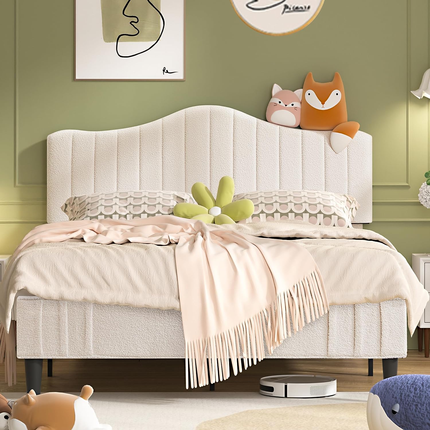 VECELO Upholstered Platform Bed Frame with Sheepskin Fabric Adjustable Headboard/Strong Wood Slats Supports