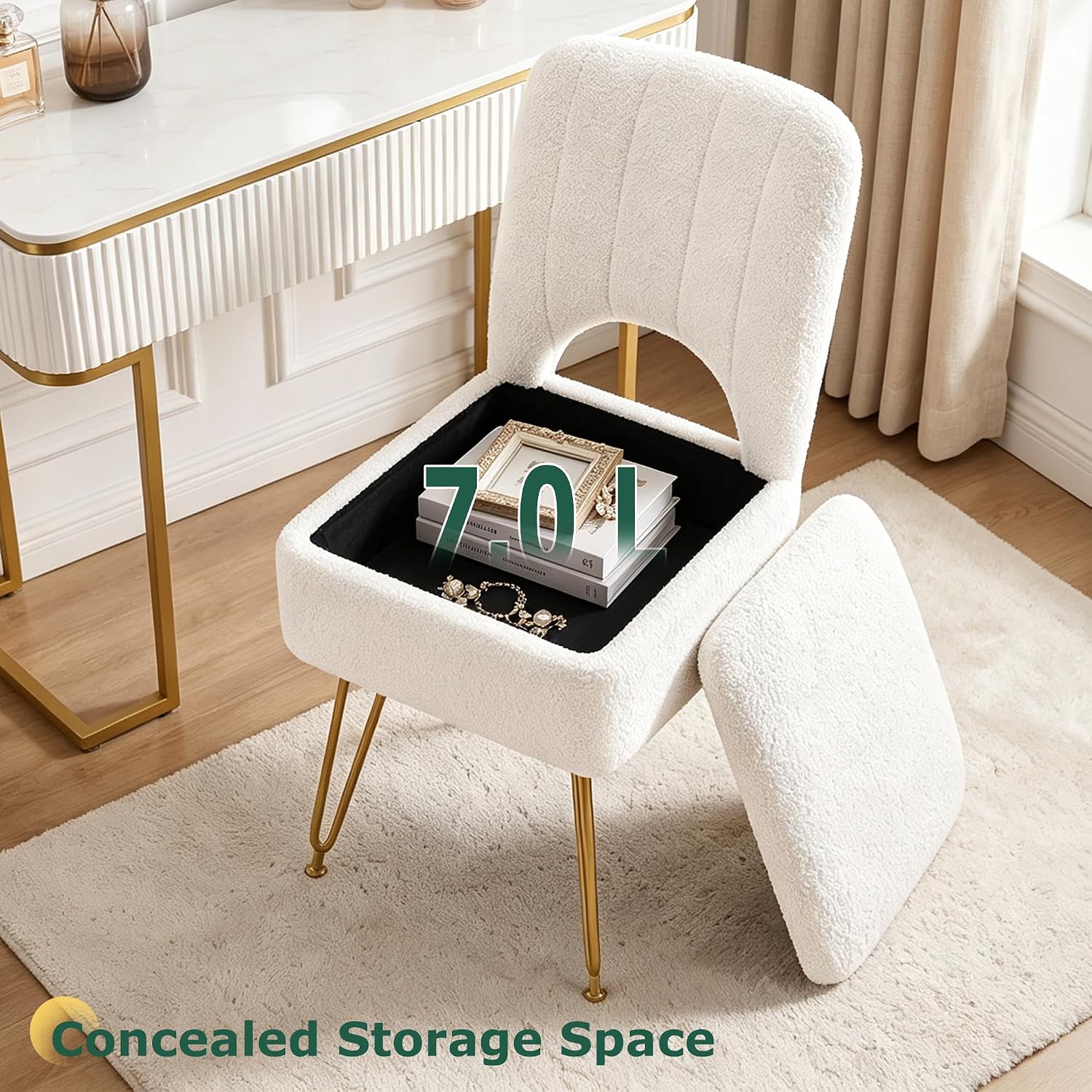VECELO White Vanity Stool Chair with Storage and Folding Back