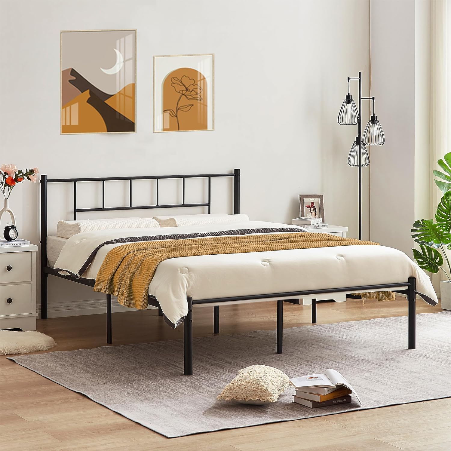 VECELO Bed Frame, 14 Inch Metal Platform with Headboard, Heavy Duty Steel Slat Support - VECELO