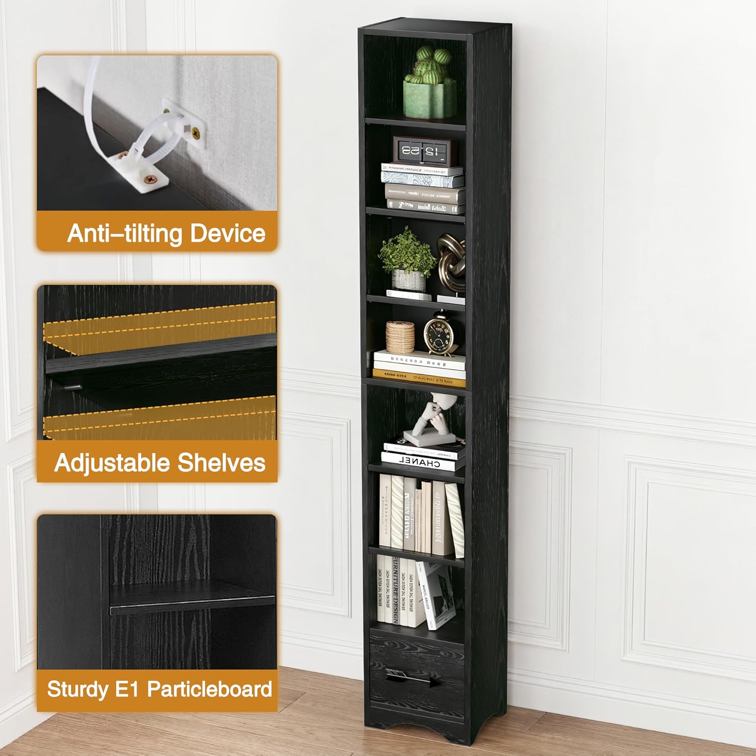 VECELO 8-Tier Tall Narrow Bookshelf