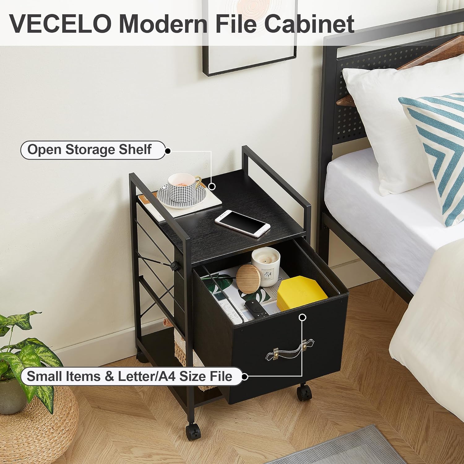 VECELO Mobile Vertical Filing Cabinet, Rolling Printer Shelf with Handle