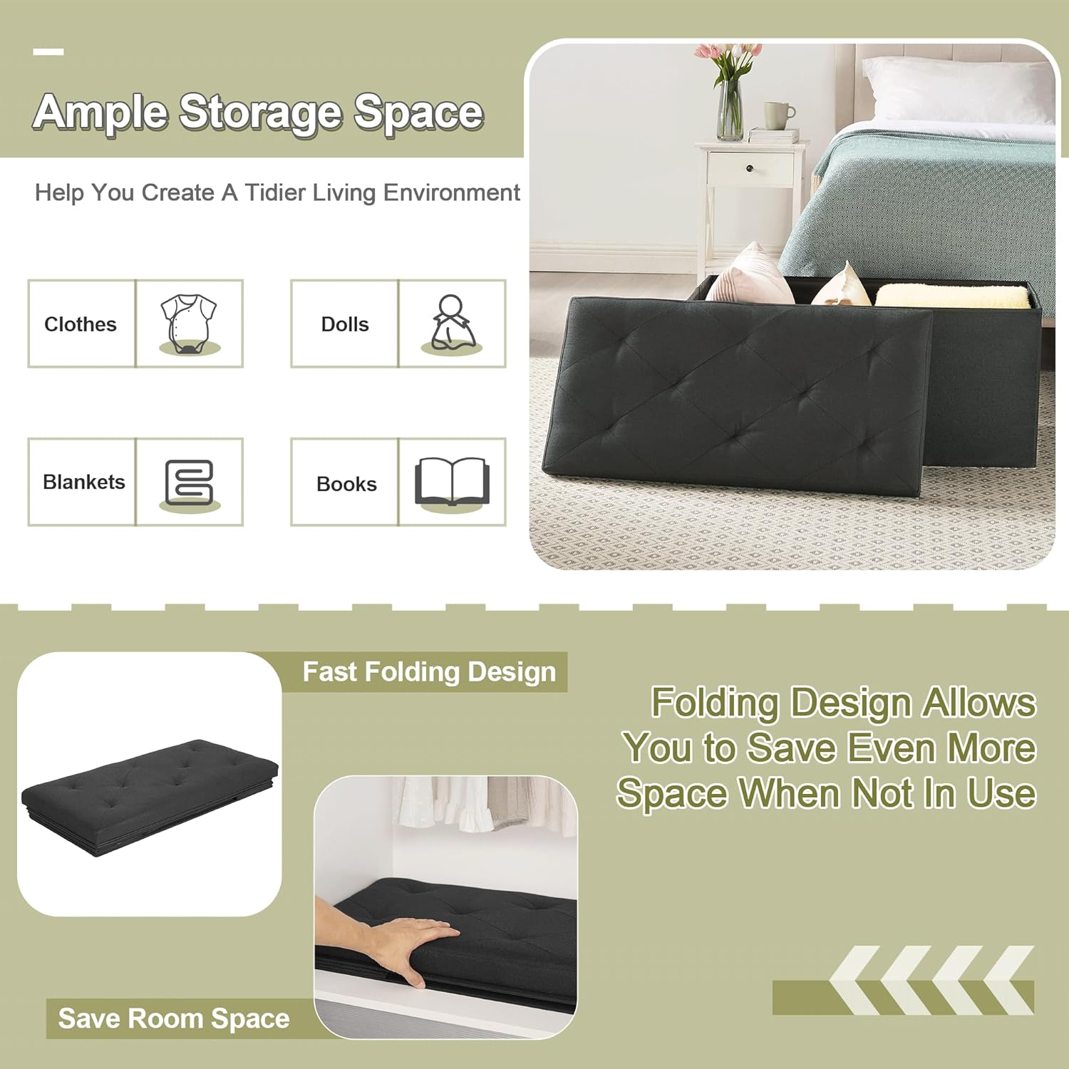 VECELO Folding Storage Ottoman Bench, Storage Chest, Linen Fabric - VECELO