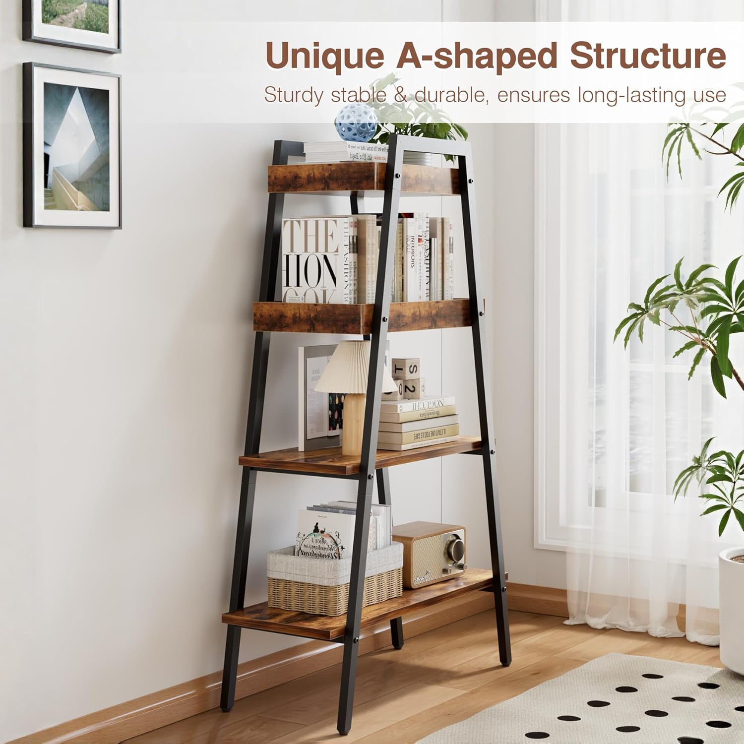 VECELO Ladder Shelf/Display Shelf 4 Tier Storage Bookcase Rack Wood & Steel - VECELO