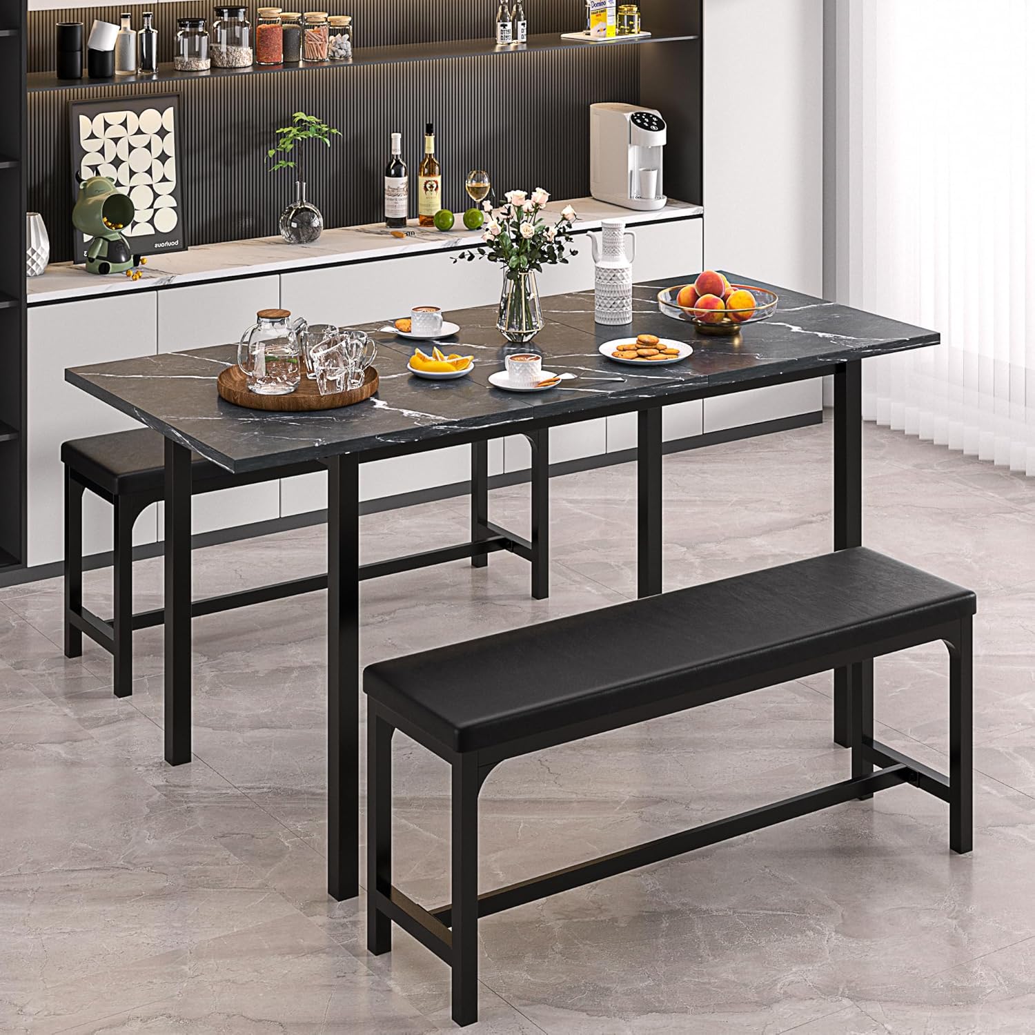 VECELO 3-Piece 63" Extendable Kitchen Table with Benches/Chairs - VECELO