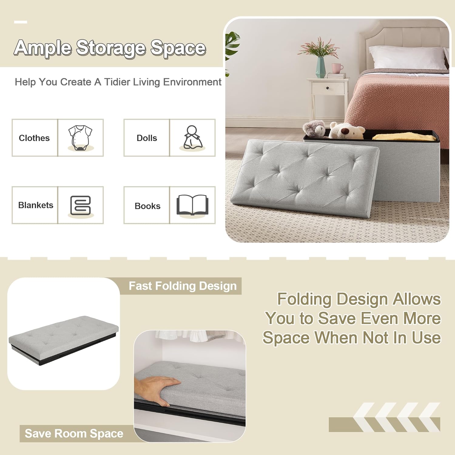 VECELO Folding Storage Ottoman Bench, Storage Chest, Linen Fabric - VECELO