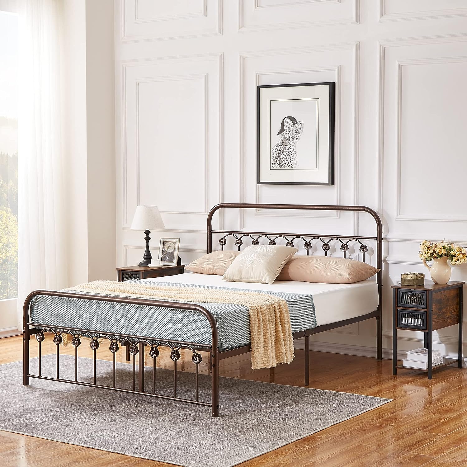 VECELO Metal Bed Frame/Mattress Foundation with Vintage Flower Headboard & Footboard