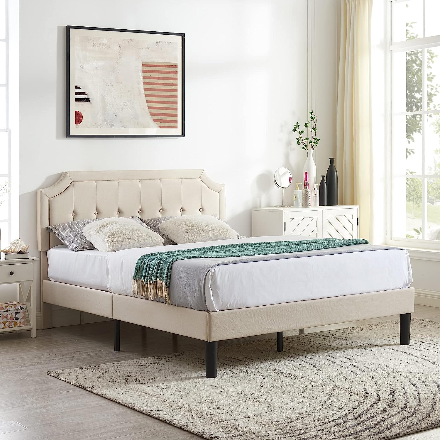 VECELO Premium Upholstered Platform Bed Diamond Stitched Panel Headboard