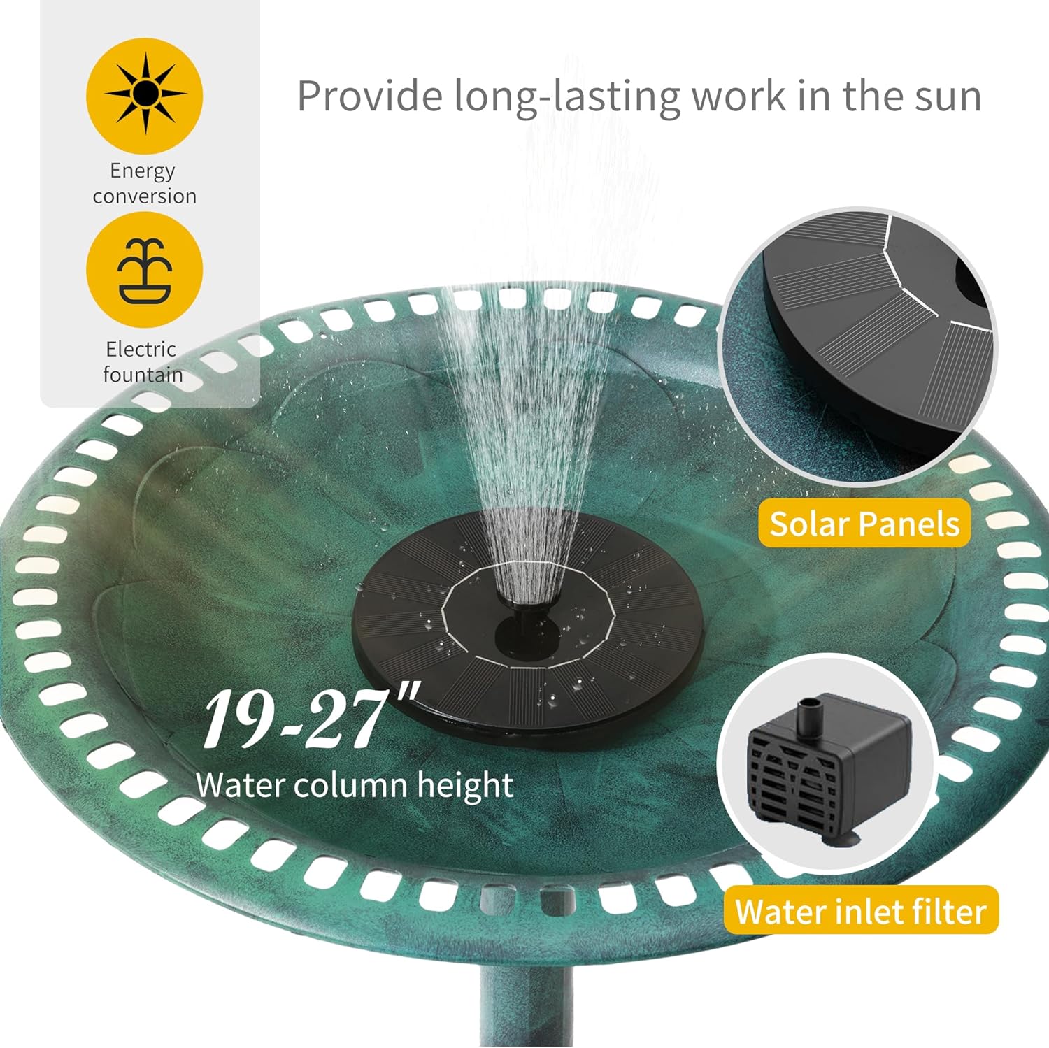VECELO 28" Pedestal Outdoor Bird Bath with Solar Powered Fountain - VECELO