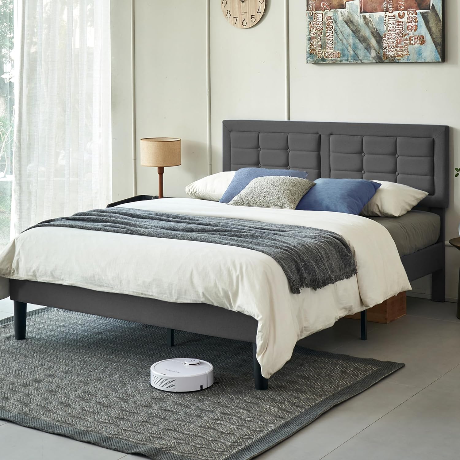 VECELO Upholstered Platform Bed Frame with Height Adjustable Headboard - VECELO