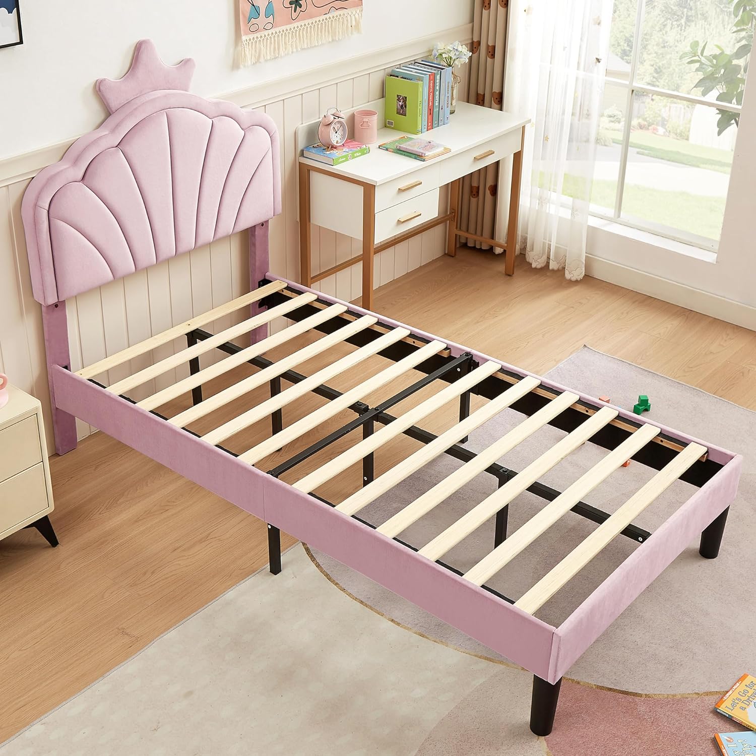 VECELO Twin Size Bed Frame Upholstered with Headboard, Strong Platform with Crown for Kids Girls