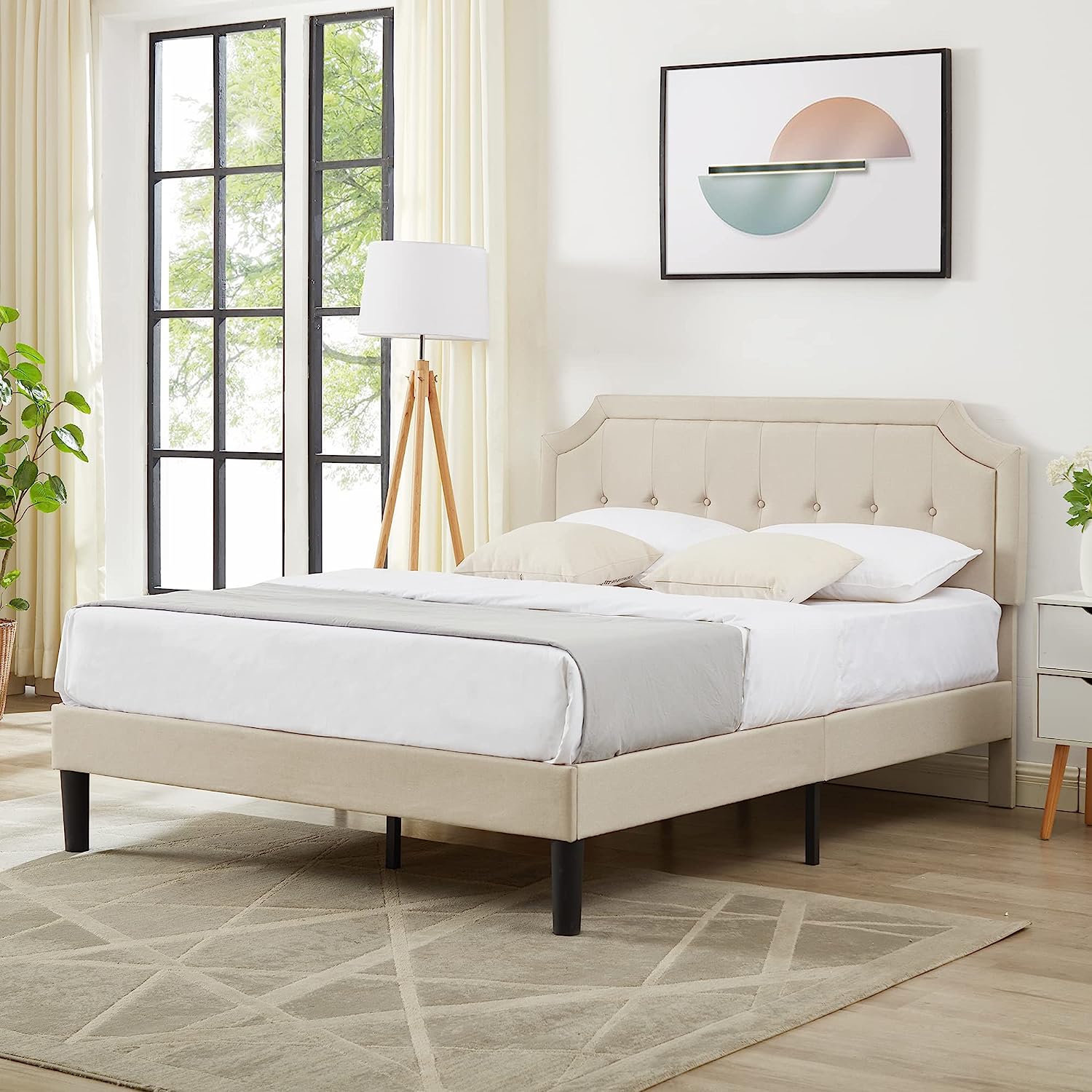VECELO Premium Upholstered Platform Bed Diamond Stitched Panel Headboard
