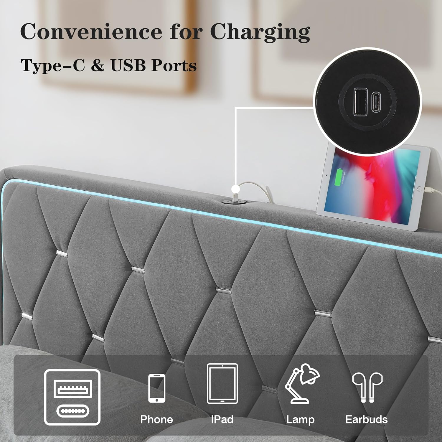 VECELO Upholstered Bed Frame with LED Lights, Charging Station, Velvet Platform Bed