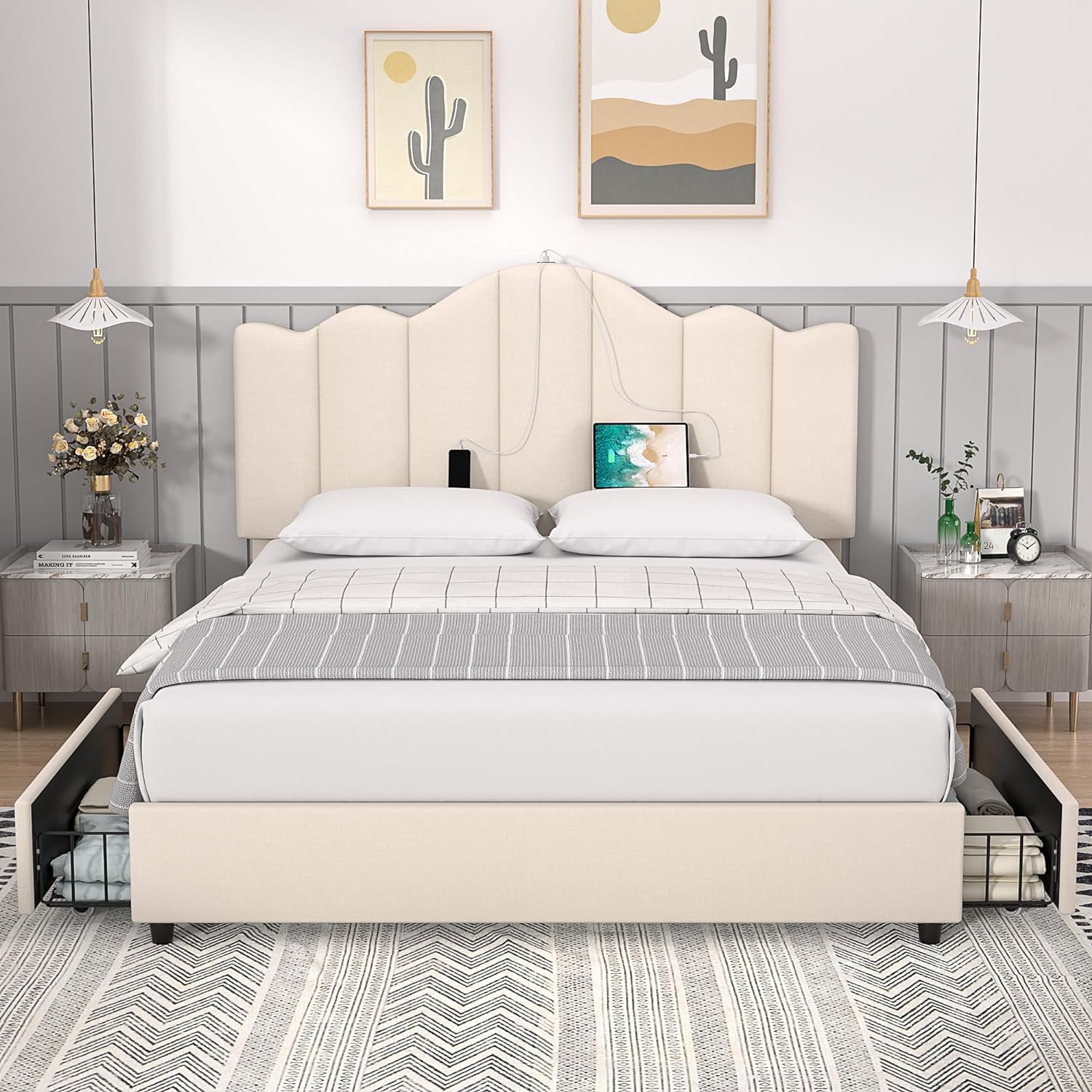 VECELO Upholstered Platform Bed Frame with Type-C & USB Charging Stations
