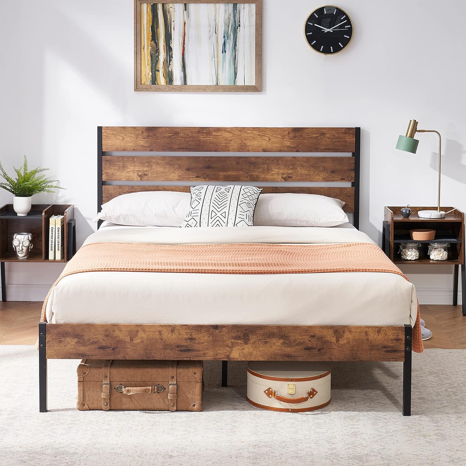 VECELO Platform Bed Frame with Rustic Vintage Wood Headboard/Strong Metal Slats Support