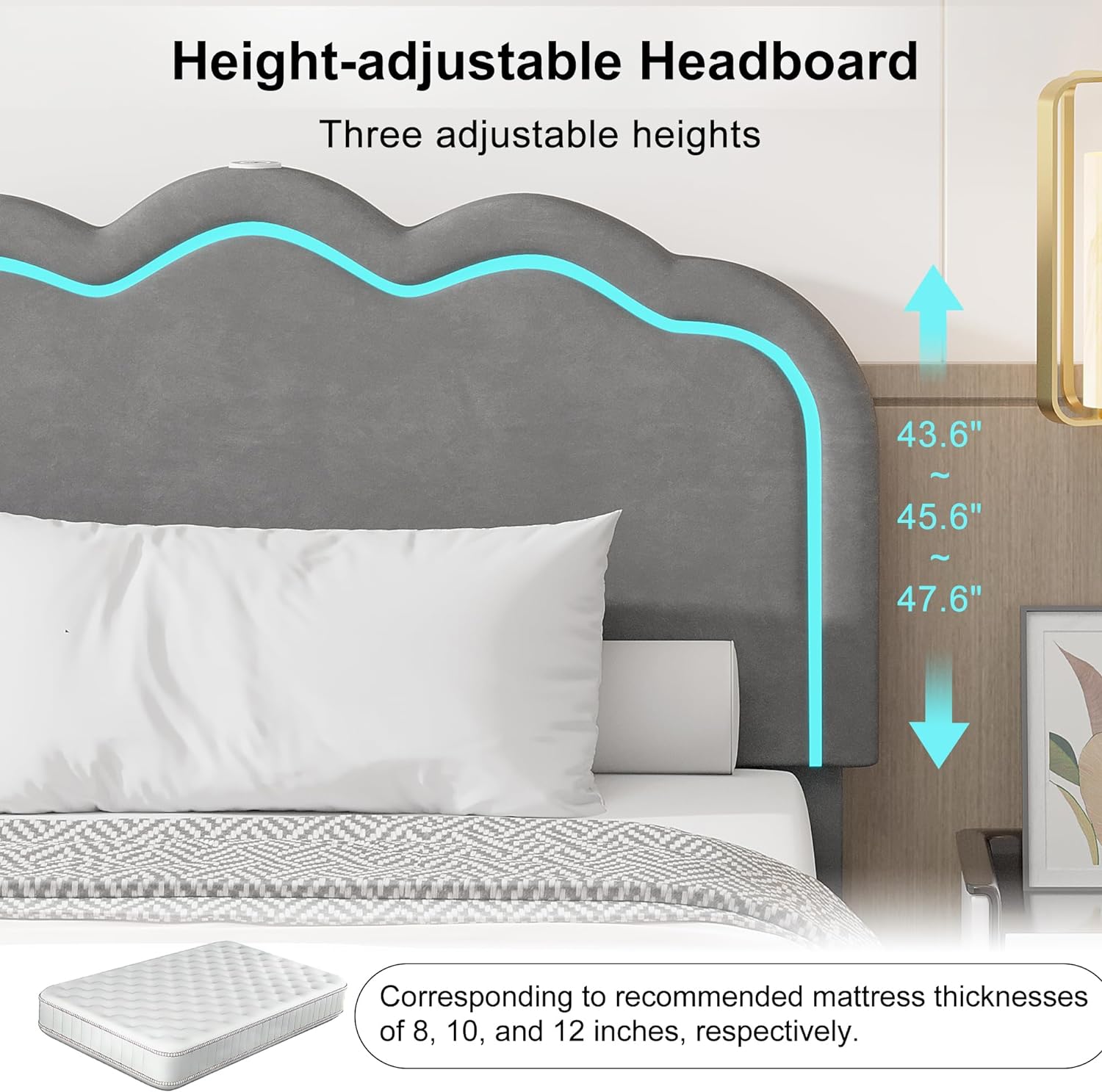 VECELO Upholstered Velvet Platform Bed Frame with Headboard Adjustable, LED Lights, USB-A & Type-C