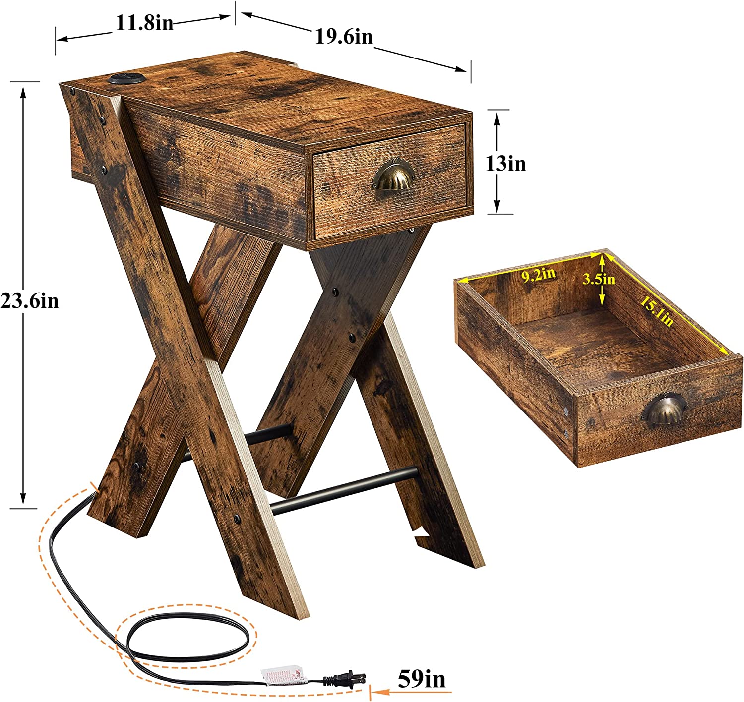 VECELO End Side Table with Charging Station Narrow Nightstand with Drawer& USB Ports - VECELO