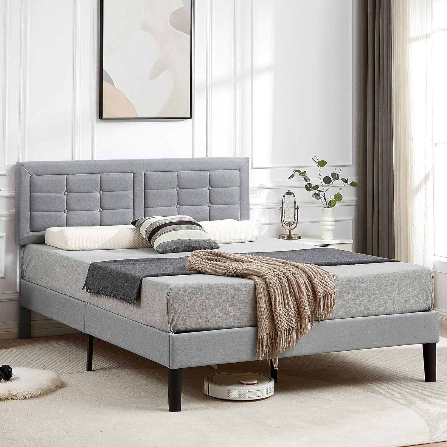 VECELO Upholstered Platform Bed Frame with Height Adjustable Headboard - VECELO