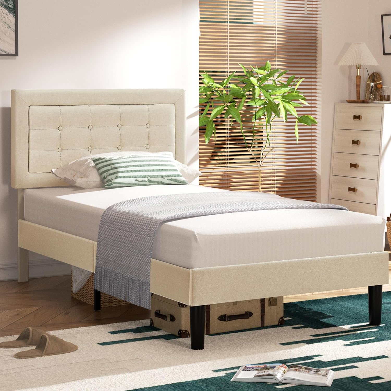 VECELO Upholstered Platform Bed Frame with Height Adjustable Headboard - VECELO