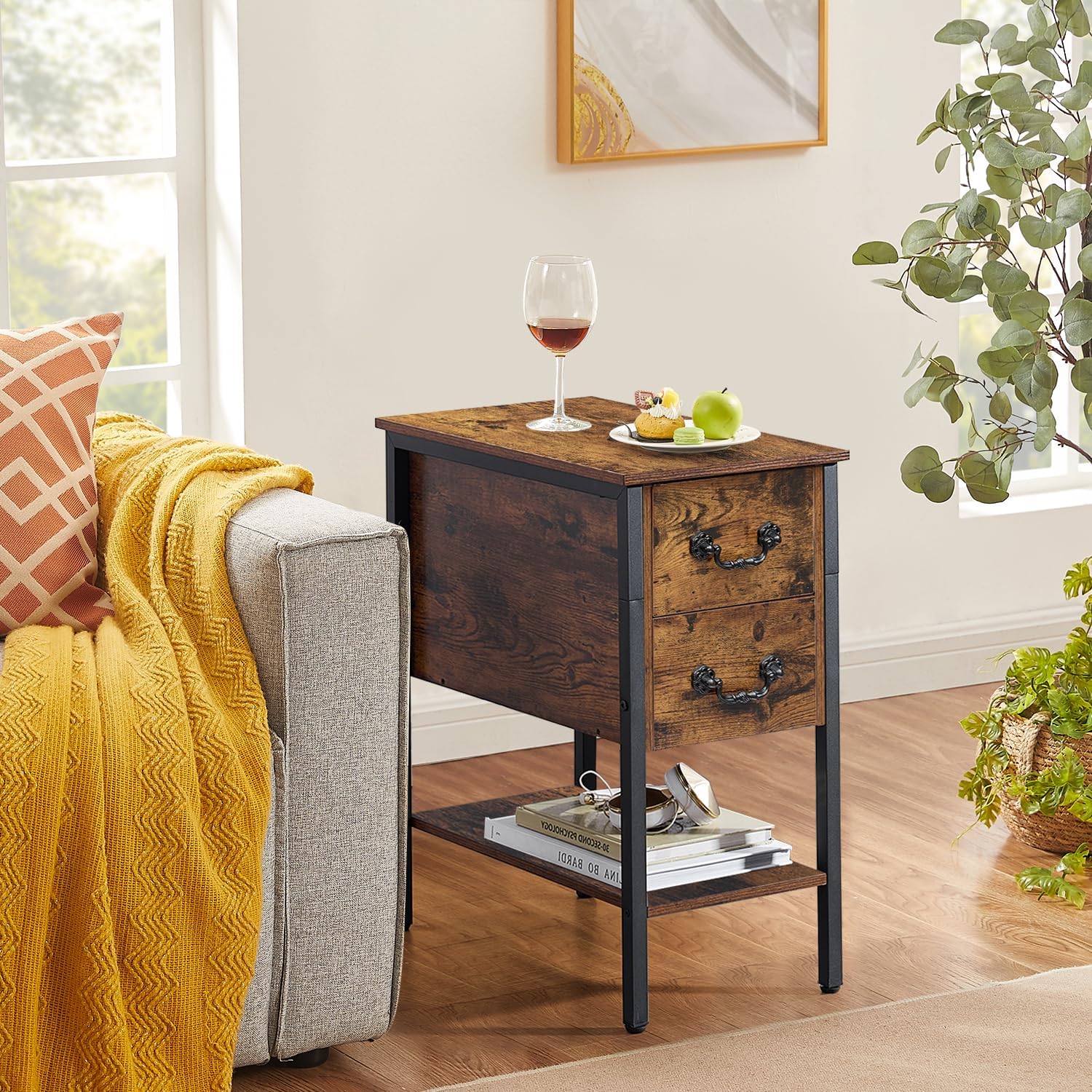 VECELO End Tables,Narrow Nightstands with Charging Station & USB Ports &Drawers - VECELO