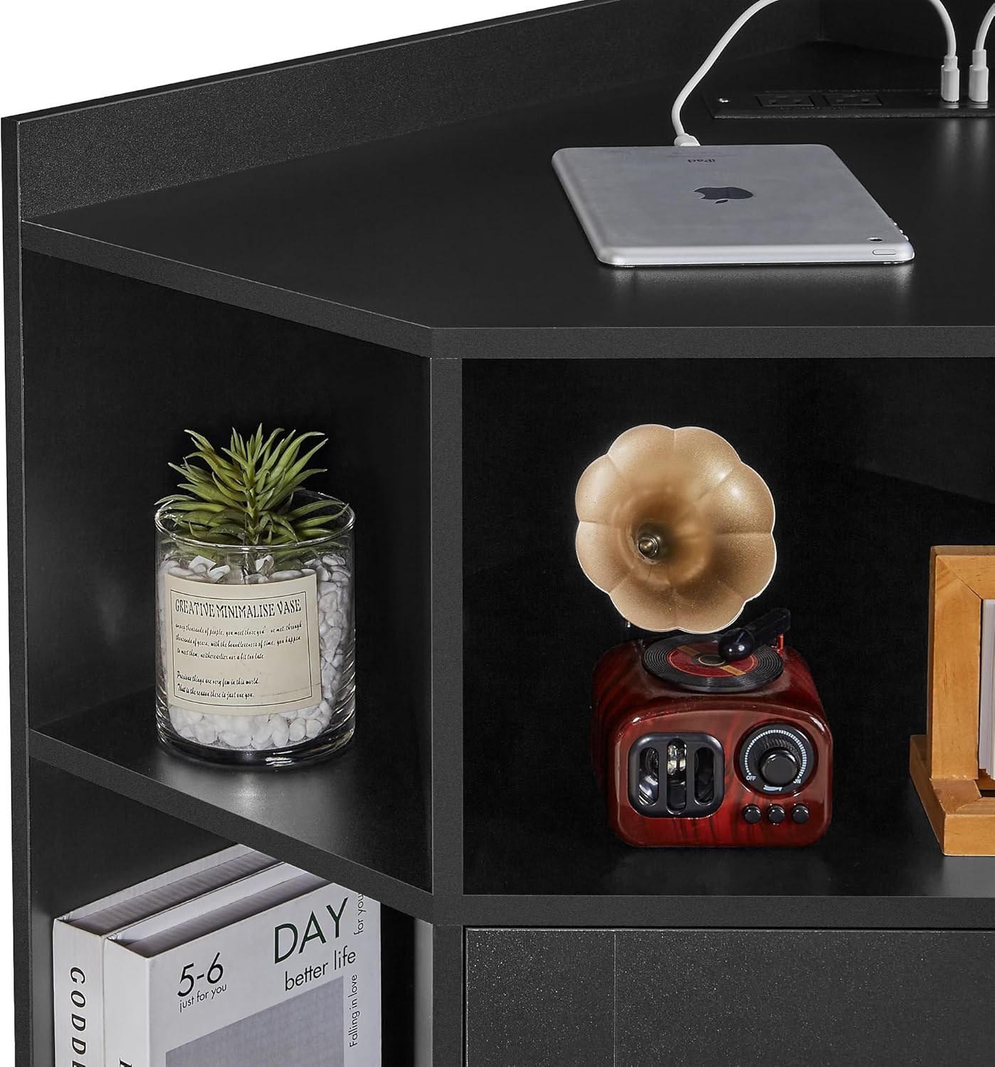 VECELO Corner Storage Cabinet with Charging Station, 34" Shelf with Door & Adjustable Shelves