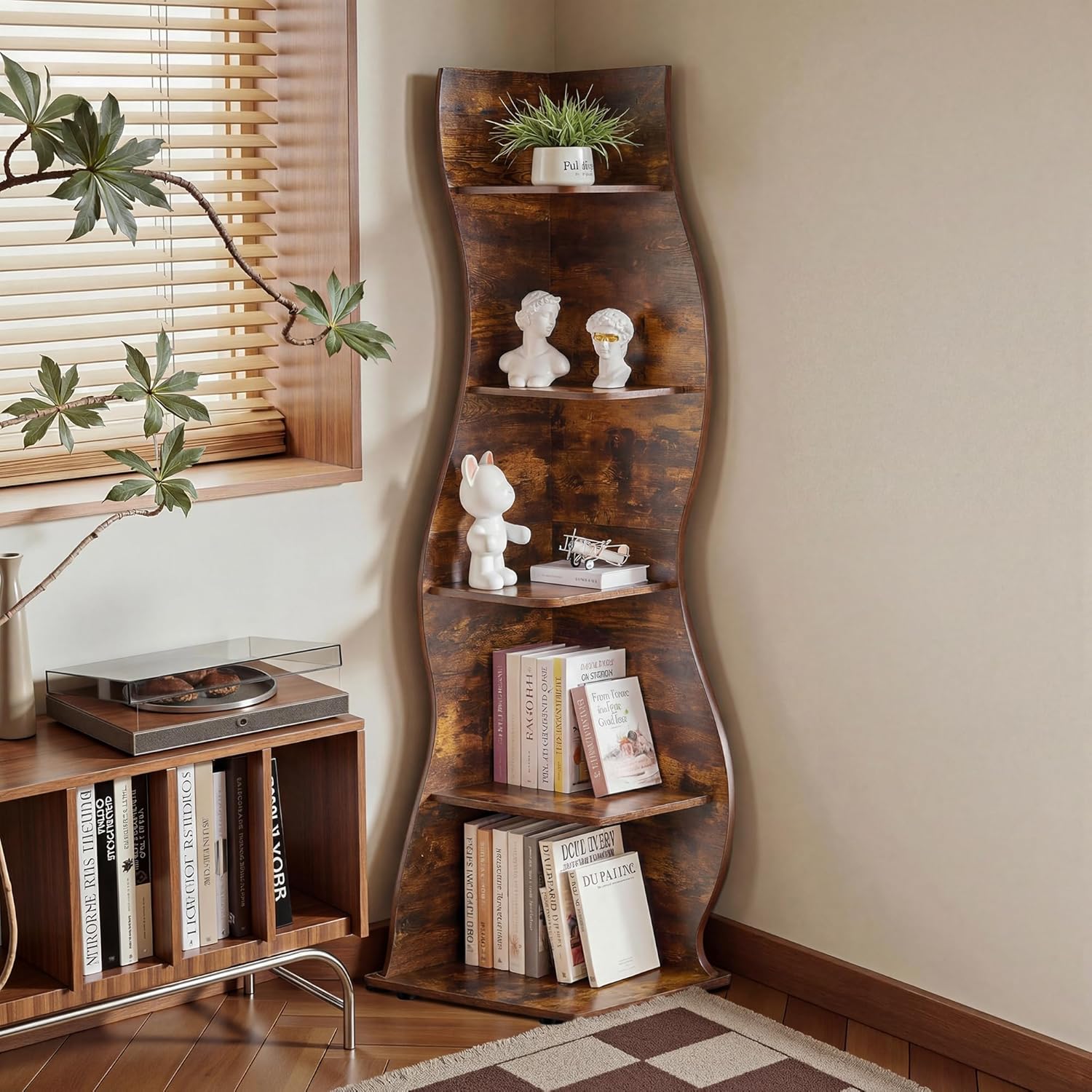 VECELO Wavy Corner Shelf, Decorative 5-Tier Storage Bookshelf