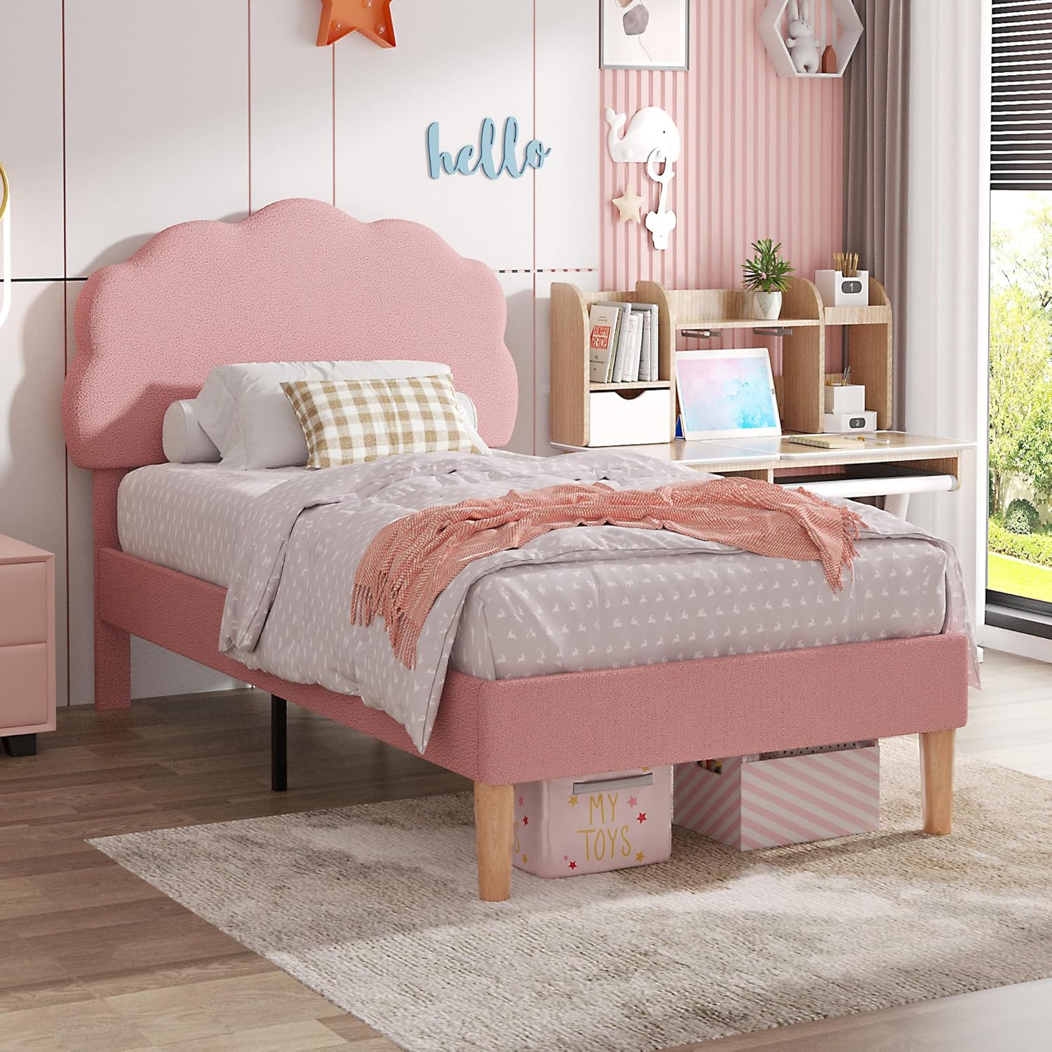 VECELO Twin Size Bed Frame, Upholstered Platform Bedframe with Height Adjustable Plush Fabric Headboard