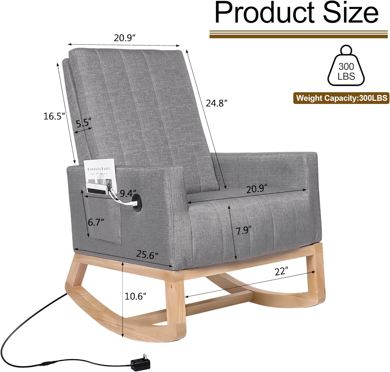 VECELO Rocking Chair Upholstered Nursery Glider Rocker High Backrest Comfy Armchair with Side Pocket and USB Port - VECELO