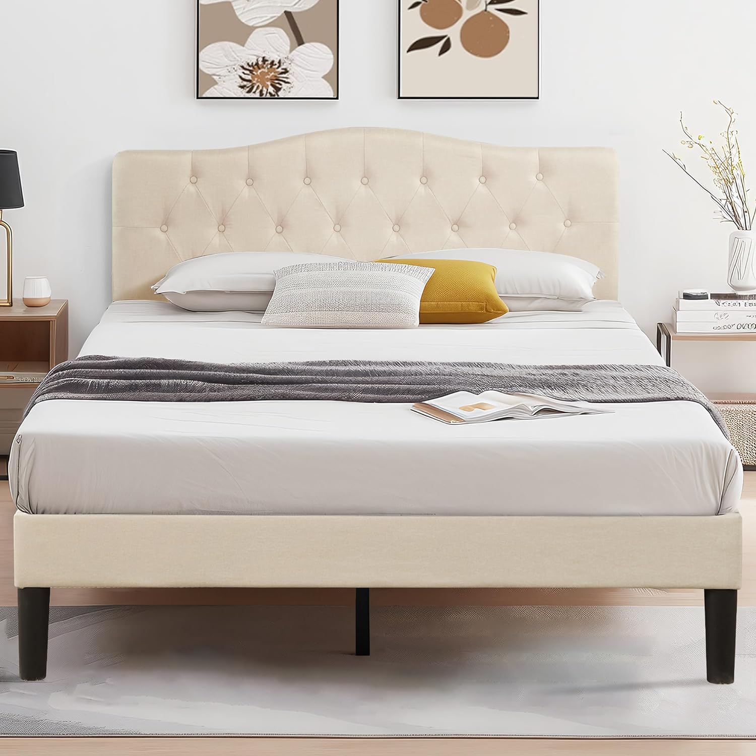 VECELO Classic Upholstered Platform Bed Frame with Diamond Stitched Cloth - VECELO