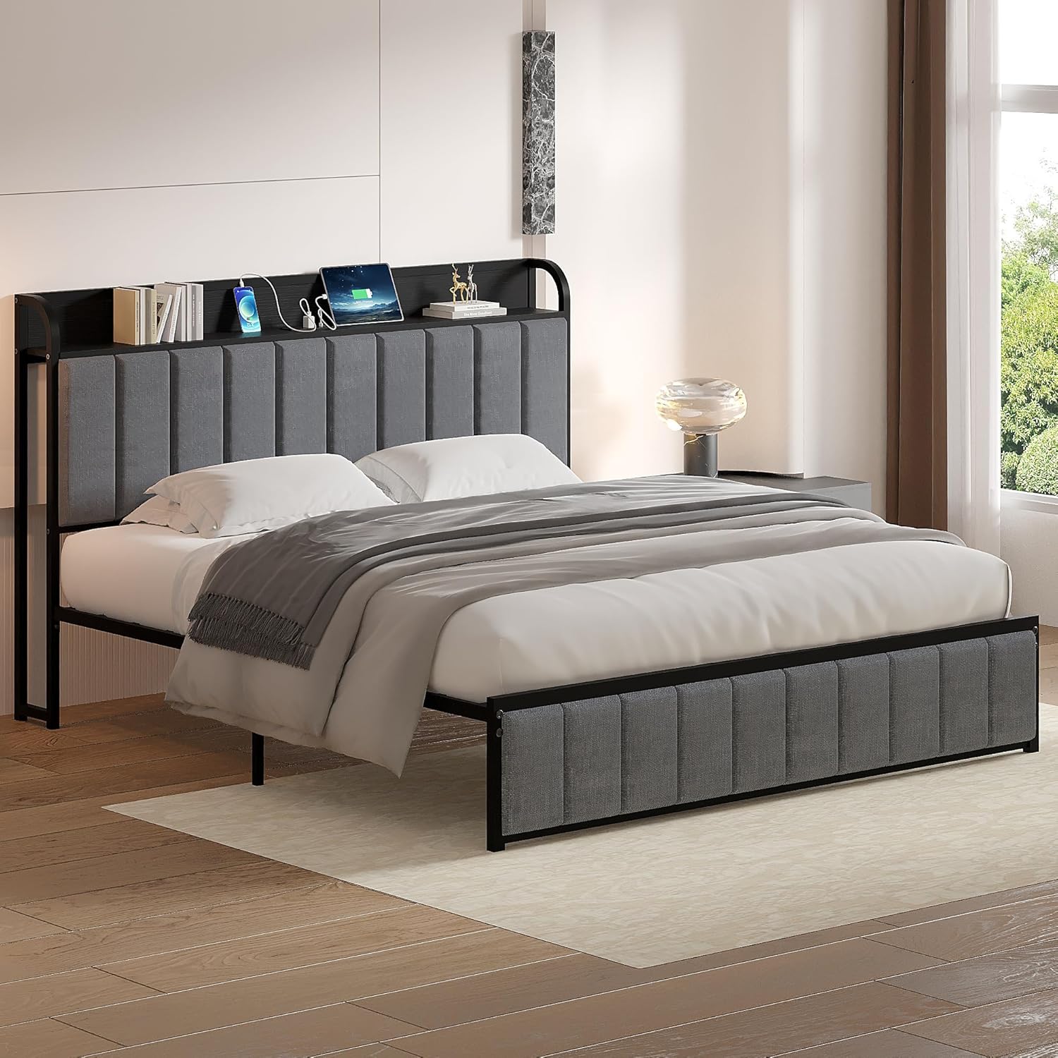 VECELO Twin Bed Frame, Storage Upholstered Headboard with Charging Station