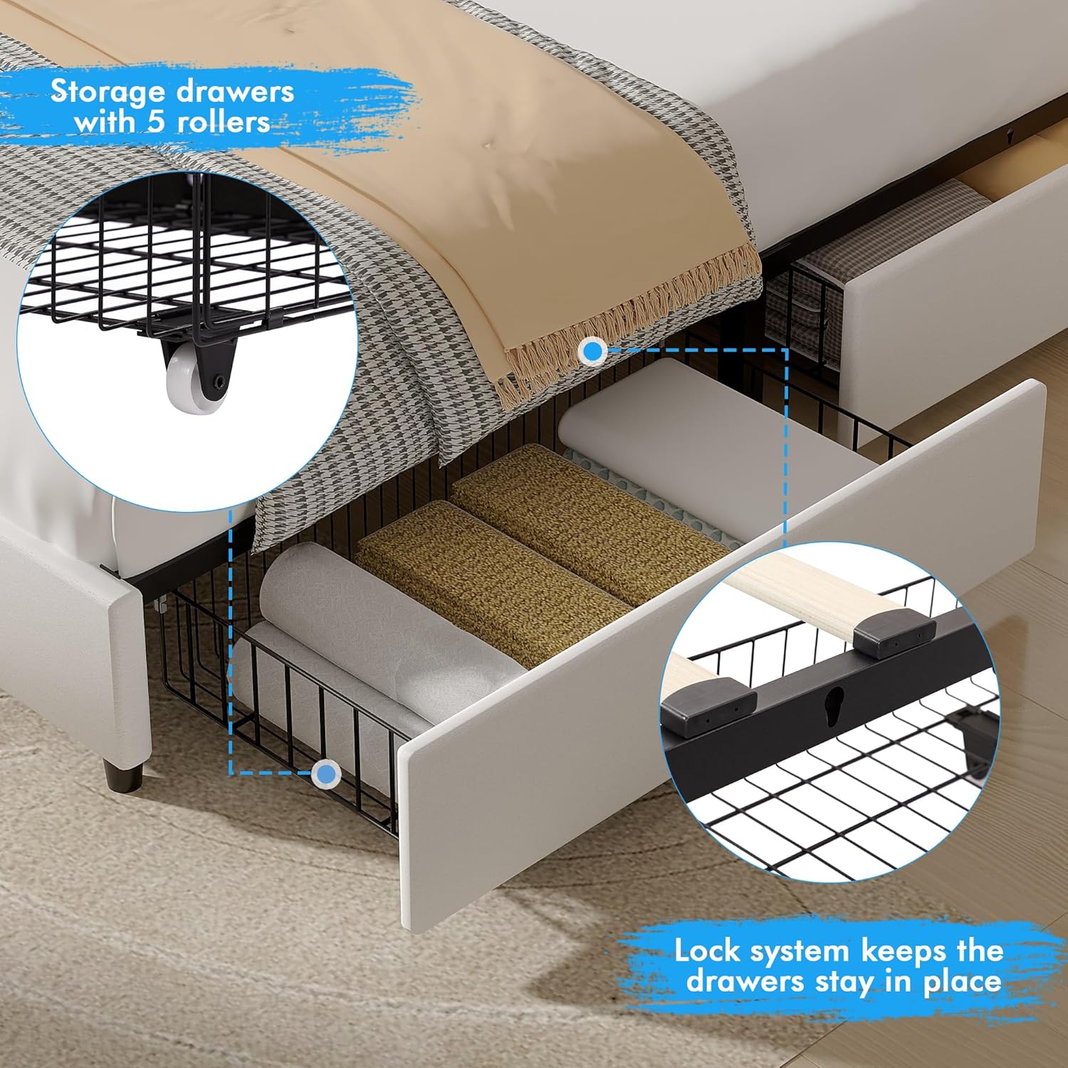 VECELO Upholstered Bed Frame with 4 Storage Drawers and Adjustable Velvet Headboard