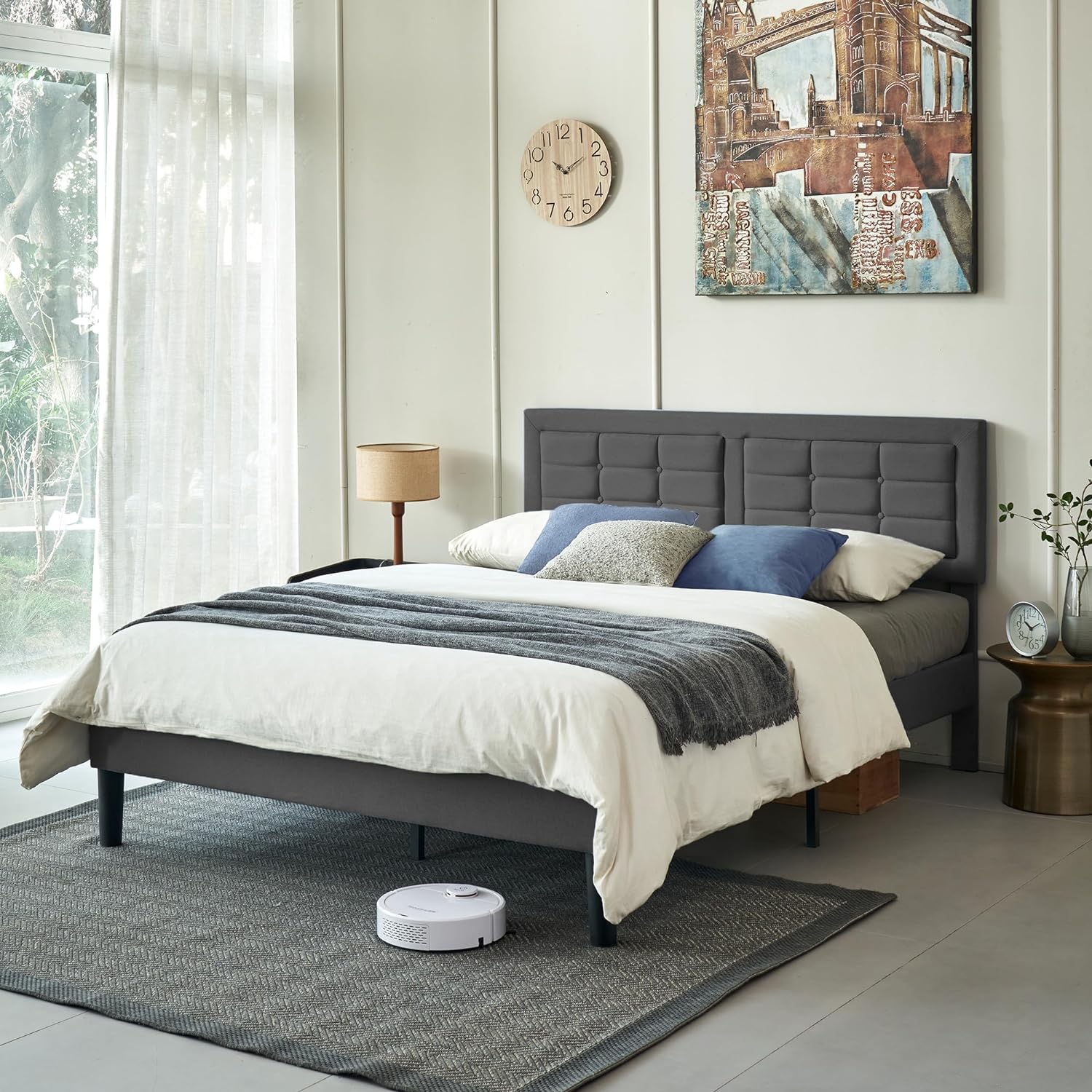 VECELO Upholstered Platform Bed Frame with Height Adjustable Headboard - VECELO