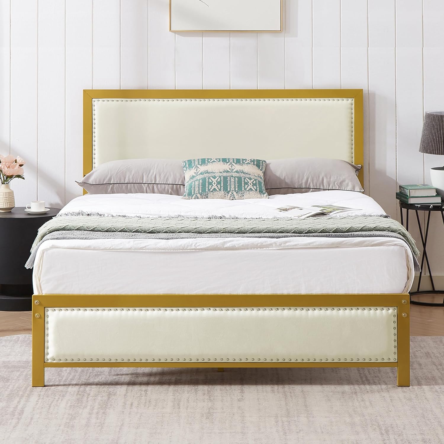 VECELO Bed Frame with Linen Fabric Headboard and Footboard No Box Spring Needed - VECELO