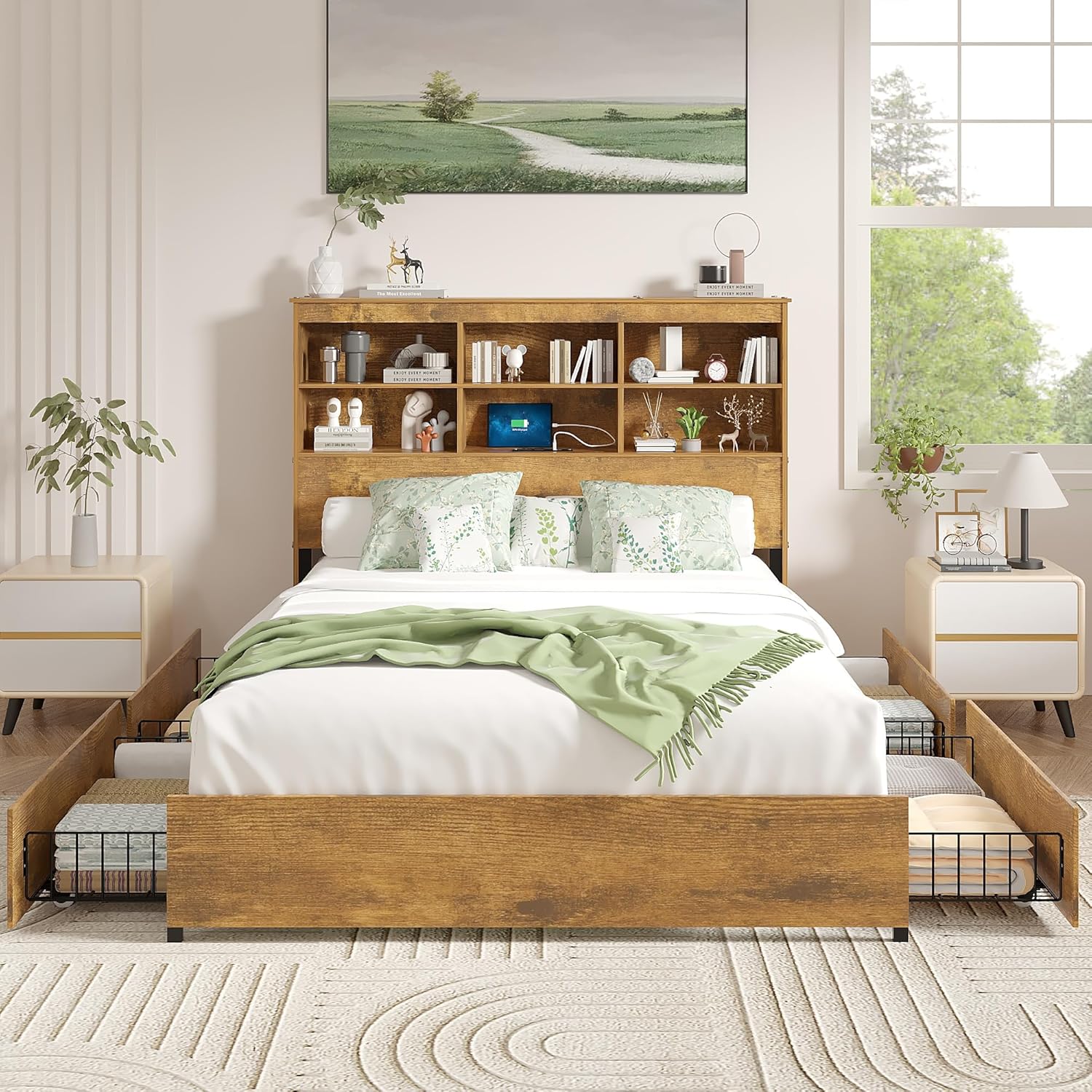 VECELO Queen Size Bed Frame with 50" Tall Storage Bookcase Headboard