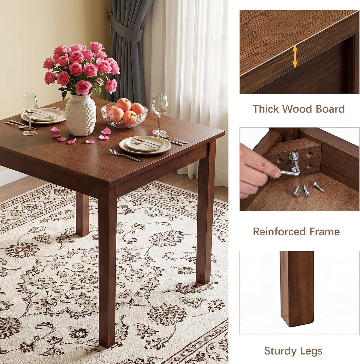 VECELO Square Dining Table for 2-4 People 29” x 29” Compact Kitchen Table with Solid Wood Legs