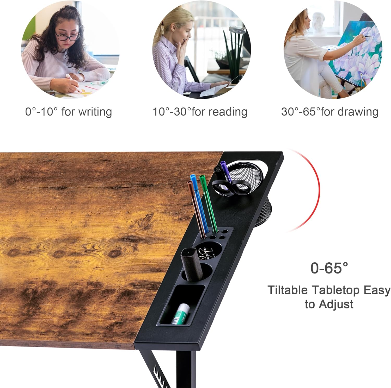 VECELO Vintage Drawing Drafting Table, Adjustable Tilting Top Art Desk Craft Work Station