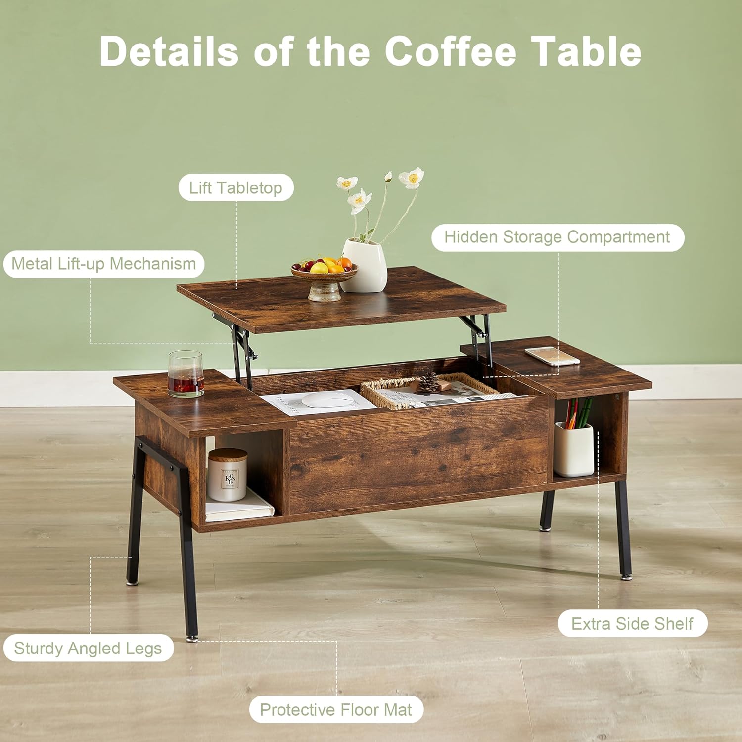 VECELO Wood Lift Top Coffee Table with Hidden Compartment and Storage Shelf