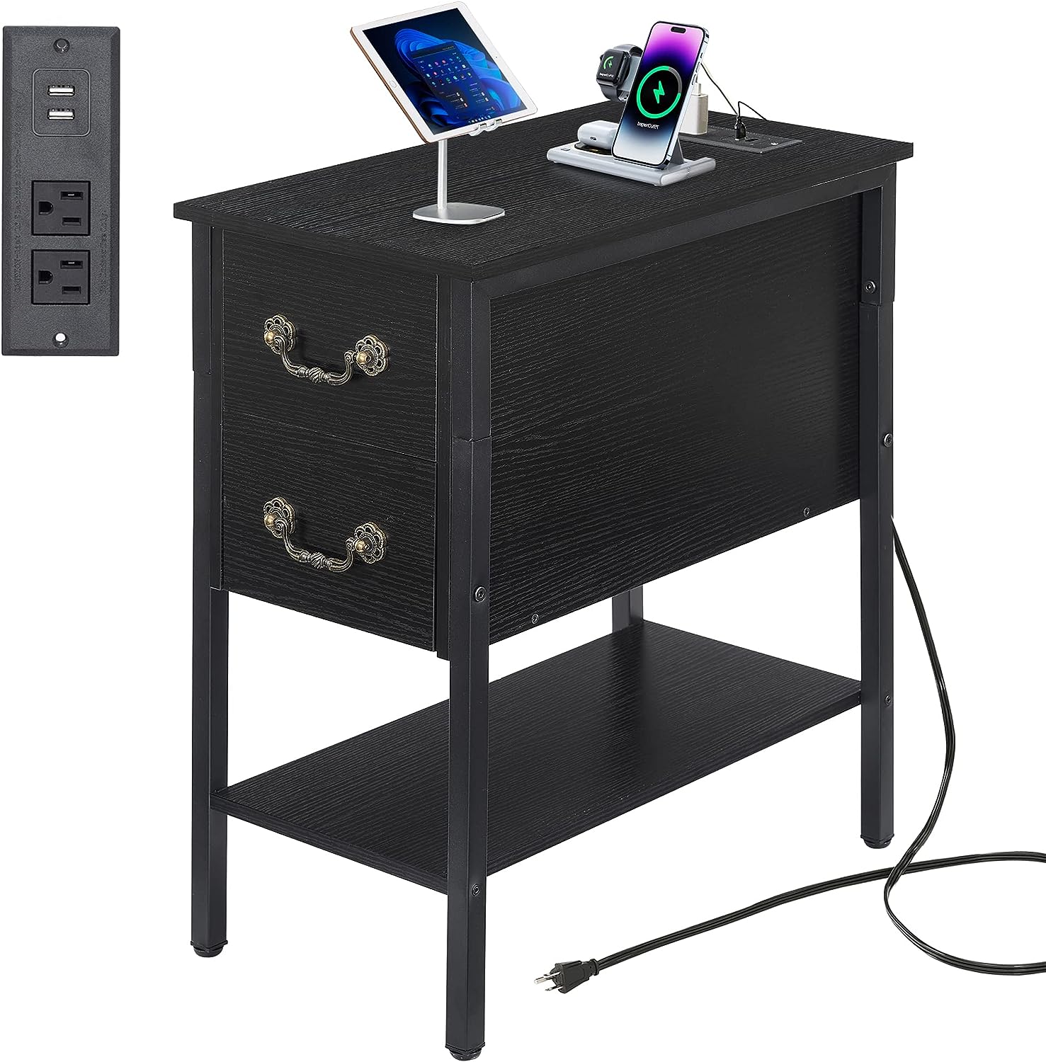 VECELO End Tables,Narrow Nightstands with Charging Station & USB Ports &Drawers - VECELO