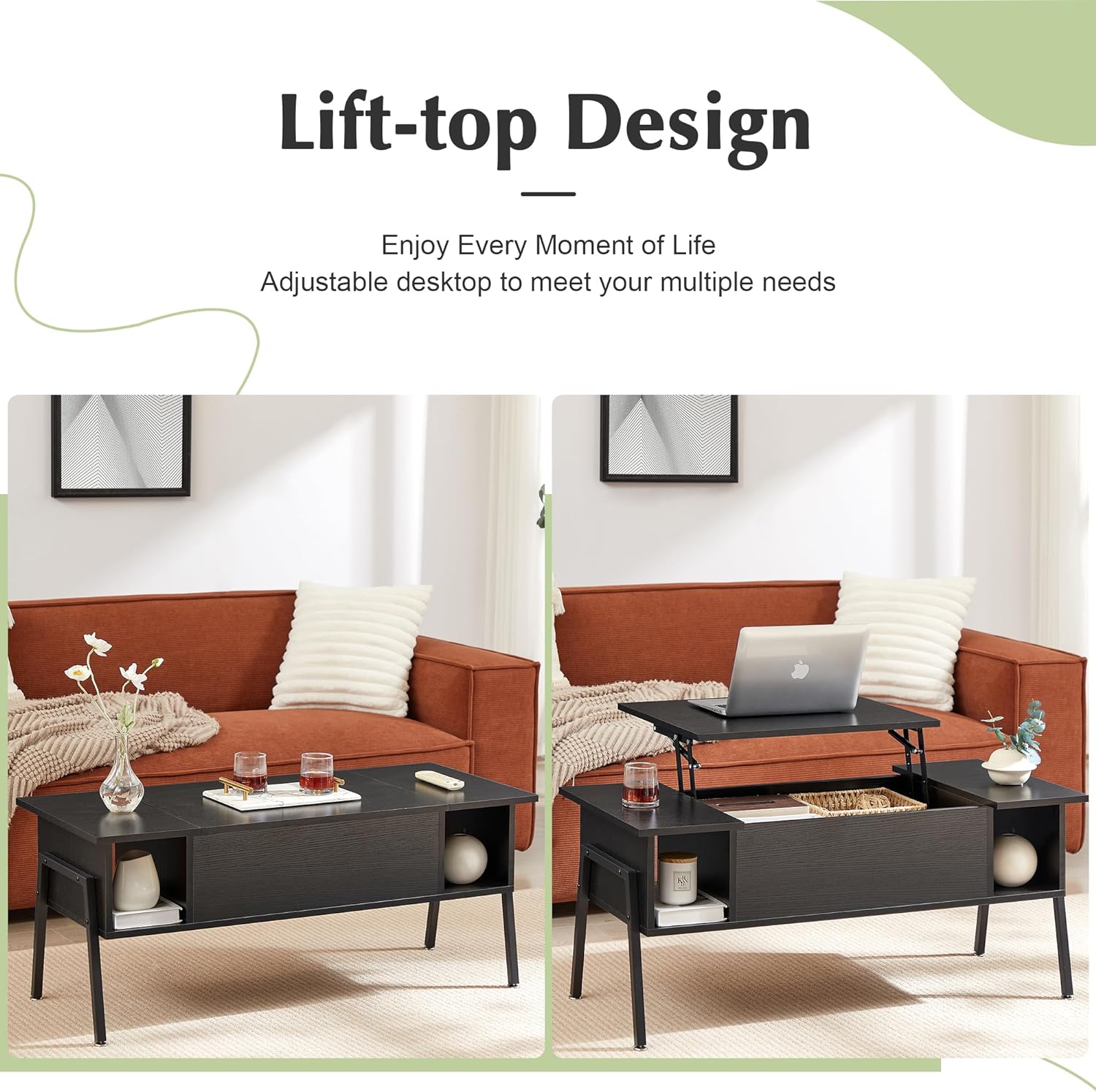 VECELO Wood Lift Top Coffee Table with Hidden Compartment and Storage Shelf