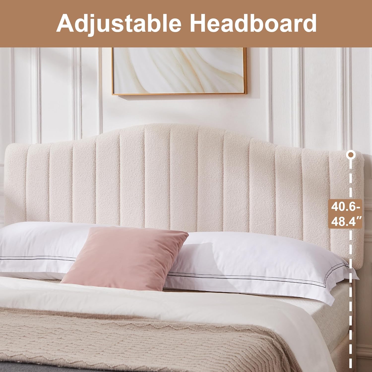 VECELO Upholstered Platform Bed Frame with Sheepskin Fabric Adjustable Headboard/Strong Wood Slats Supports