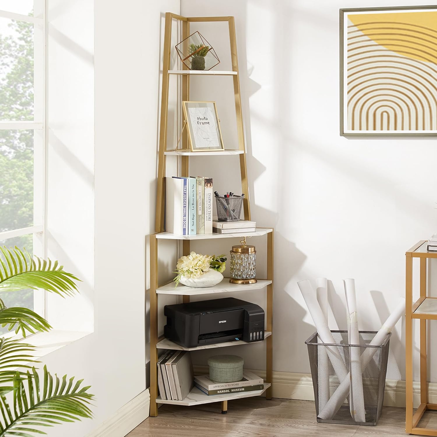 VECELO 6 Tier Corner Shelf, 69 Inch Industrial Bookshelf/Storage Stand with Metal Frame - VECELO