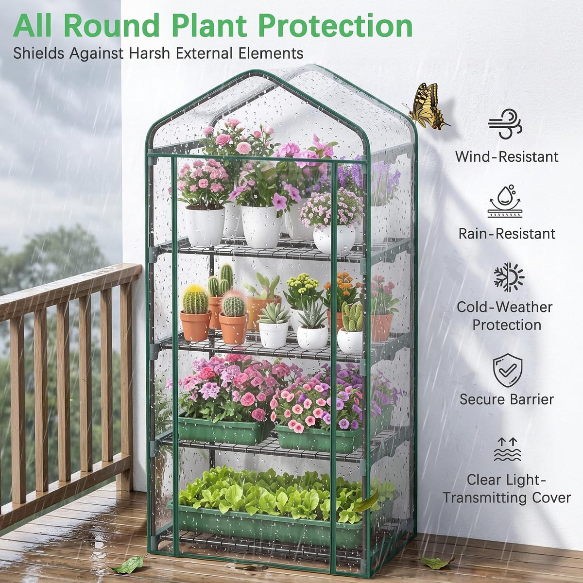 VECELO 4-Tier Greenhouse with LED Grow Light Portable Plant Green House