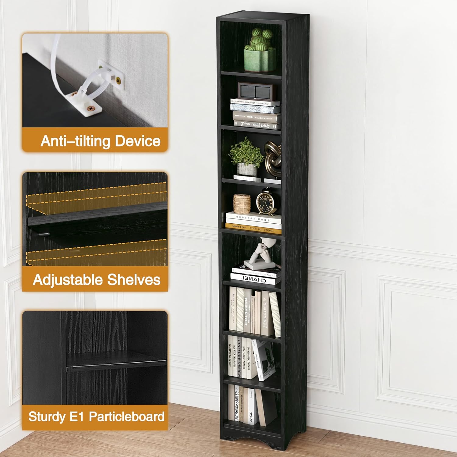 VECELO 8-Tier Tall Narrow Bookshelf