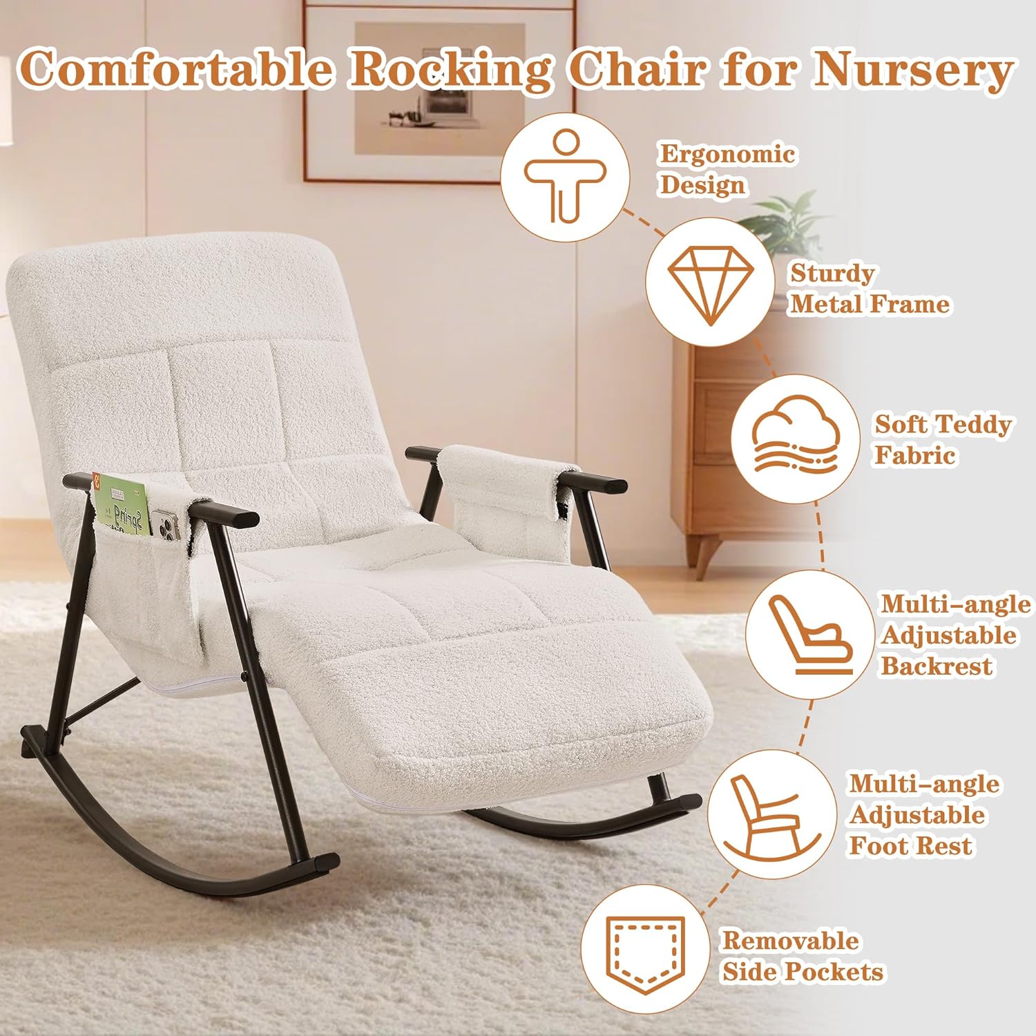 VECELO High Back Nursery Rocking Chair with Foot Rest, Teddy Upholstered Reclining Glider Rocker