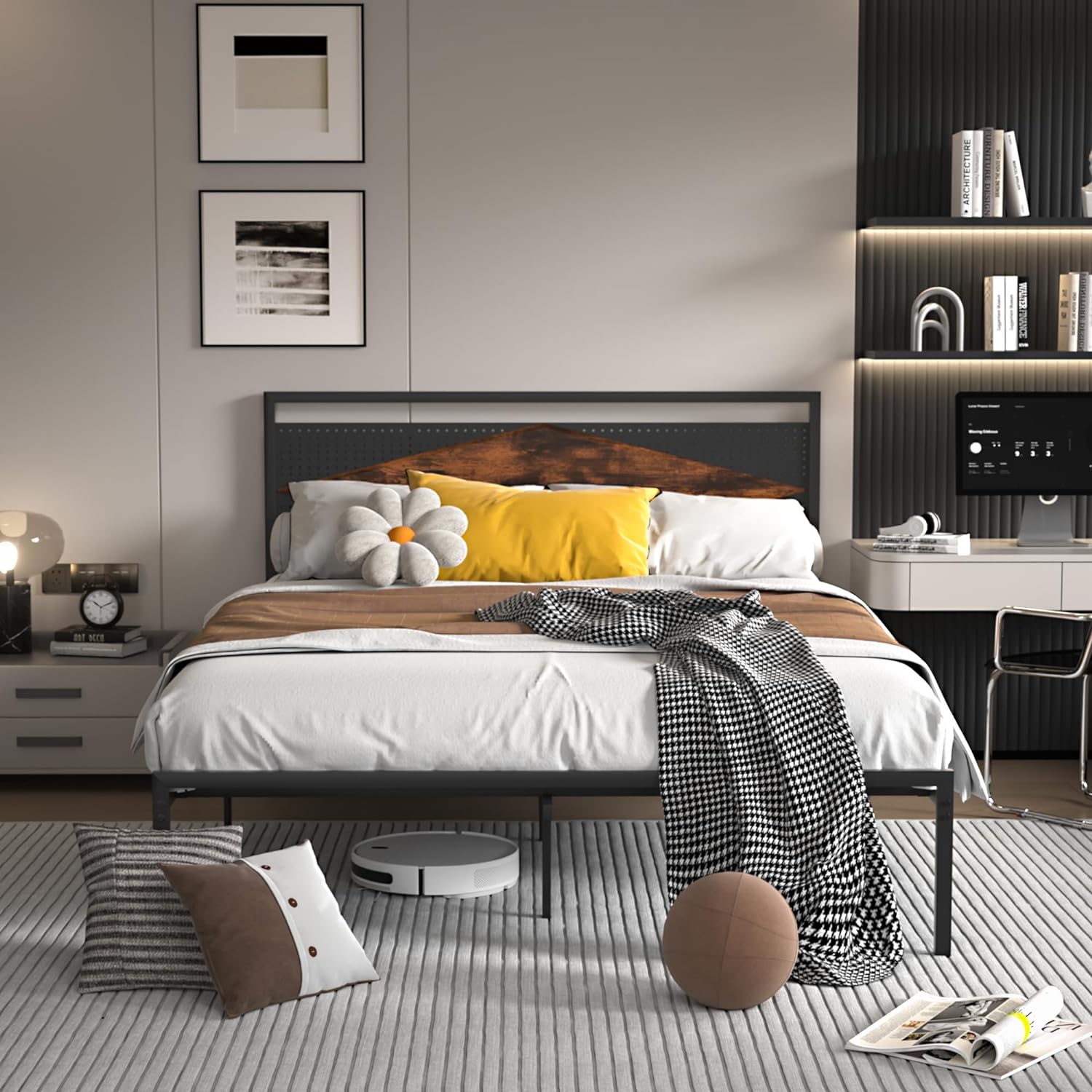 VECELO Metal Bed Frame Platform with Wood Grain Headboard&Footboard