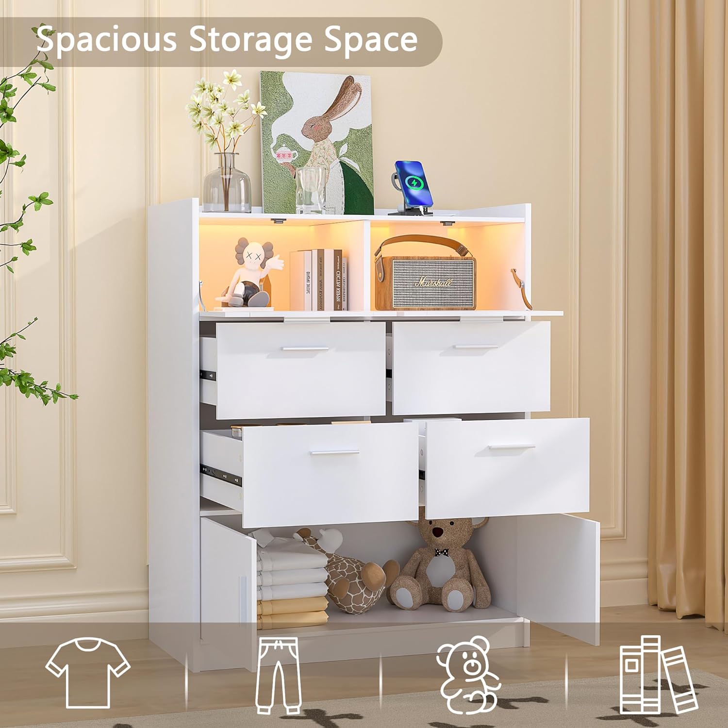 VECELO Dresser for Bedroom Chest of 4 Drawers/6 Drawer with Adjustable LED Lights - VECELO