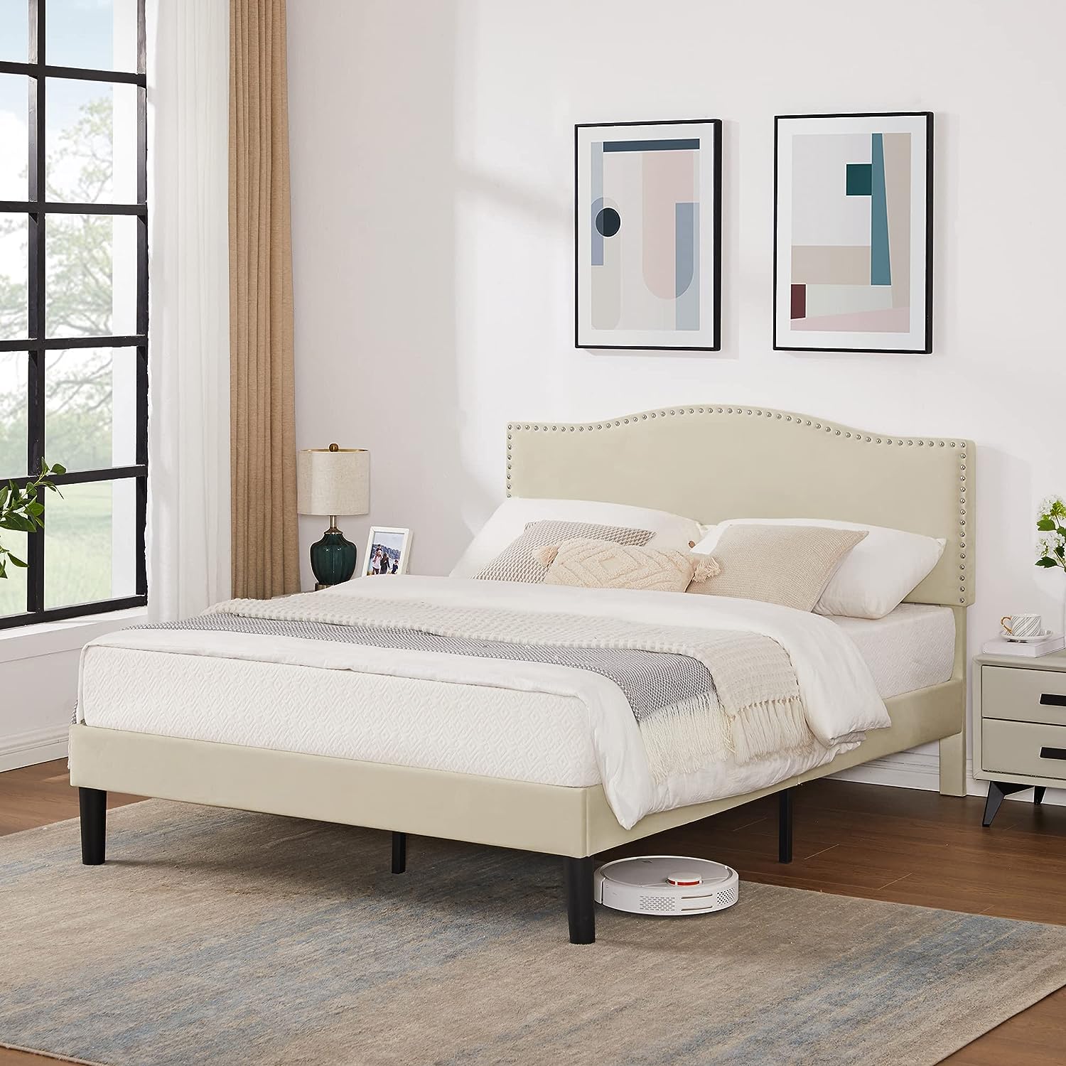 VECELO Bed Frame Platform with Upholstered Headboard & Wooden Slats Support - VECELO