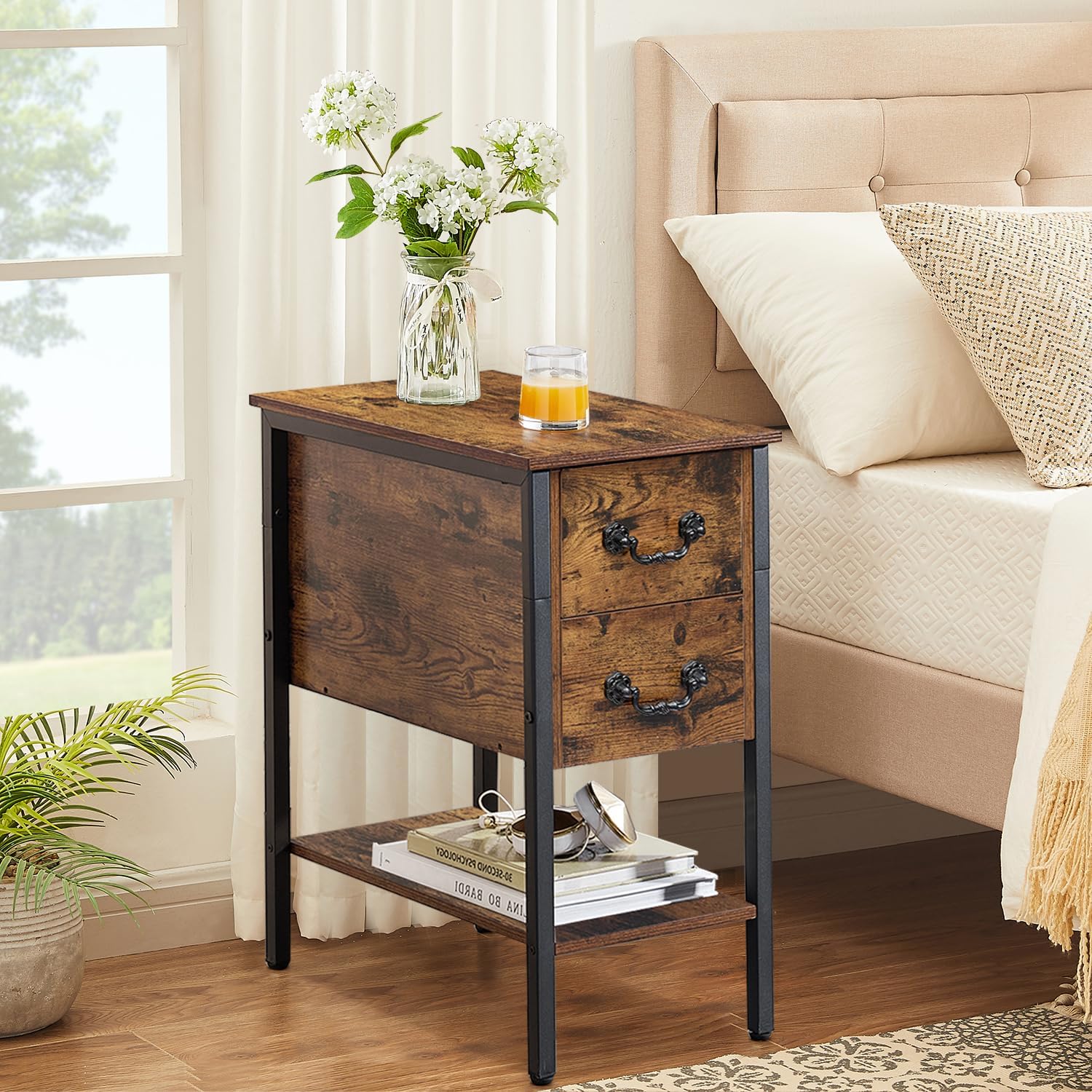 VECELO End Tables,Narrow Nightstands with Charging Station & USB Ports &Drawers - VECELO